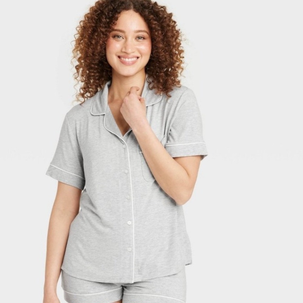 Auden Cloud Knit Modal Short Sleeve Notch Collar Pajama Top Heathered Gray L